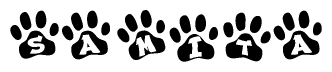 The image shows a series of animal paw prints arranged horizontally. Within each paw print, there's a letter; together they spell Samita