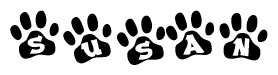 The image shows a series of animal paw prints arranged in a horizontal line. Each paw print contains a letter, and together they spell out the word Susan.