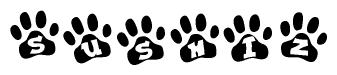 The image shows a series of animal paw prints arranged in a horizontal line. Each paw print contains a letter, and together they spell out the word Sushiz.