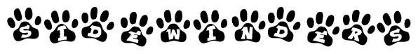 The image shows a series of animal paw prints arranged horizontally. Within each paw print, there's a letter; together they spell Sidewinders