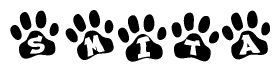 The image shows a series of animal paw prints arranged horizontally. Within each paw print, there's a letter; together they spell Smita