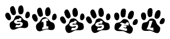 The image shows a series of animal paw prints arranged horizontally. Within each paw print, there's a letter; together they spell Sissel