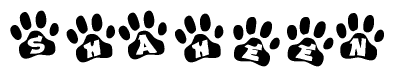 The image shows a row of animal paw prints, each containing a letter. The letters spell out the word Shaheen within the paw prints.
