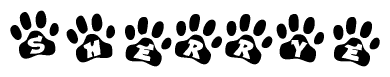 The image shows a series of animal paw prints arranged in a horizontal line. Each paw print contains a letter, and together they spell out the word Sherrye.