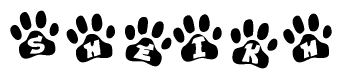 The image shows a series of animal paw prints arranged horizontally. Within each paw print, there's a letter; together they spell Sheikh