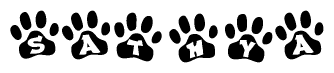 The image shows a row of animal paw prints, each containing a letter. The letters spell out the word Sathya within the paw prints.