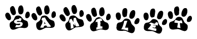 The image shows a series of animal paw prints arranged horizontally. Within each paw print, there's a letter; together they spell Samilet