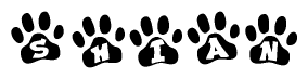 The image shows a series of animal paw prints arranged in a horizontal line. Each paw print contains a letter, and together they spell out the word Shian.