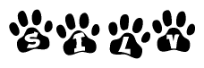 The image shows a series of animal paw prints arranged horizontally. Within each paw print, there's a letter; together they spell Silv