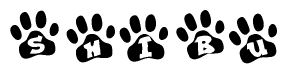 The image shows a series of animal paw prints arranged horizontally. Within each paw print, there's a letter; together they spell Shibu