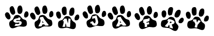 The image shows a row of animal paw prints, each containing a letter. The letters spell out the word Sanjafry within the paw prints.