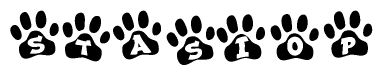 The image shows a series of animal paw prints arranged in a horizontal line. Each paw print contains a letter, and together they spell out the word Stasiop.