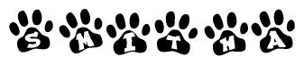 The image shows a row of animal paw prints, each containing a letter. The letters spell out the word Smitha within the paw prints.