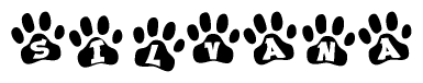 The image shows a series of animal paw prints arranged in a horizontal line. Each paw print contains a letter, and together they spell out the word Silvana.