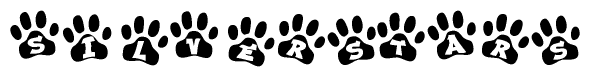 The image shows a series of animal paw prints arranged in a horizontal line. Each paw print contains a letter, and together they spell out the word Silverstars.