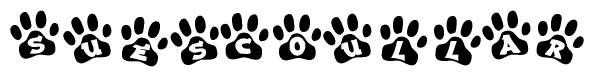 The image shows a row of animal paw prints, each containing a letter. The letters spell out the word Suescoullar within the paw prints.