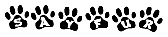 The image shows a series of animal paw prints arranged horizontally. Within each paw print, there's a letter; together they spell Sayfur