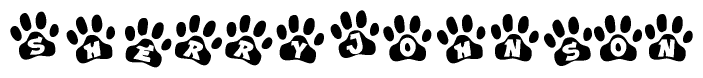 The image shows a row of animal paw prints, each containing a letter. The letters spell out the word Sherryjohnson within the paw prints.