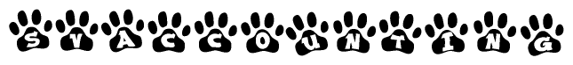 The image shows a series of animal paw prints arranged in a horizontal line. Each paw print contains a letter, and together they spell out the word Svaccounting.