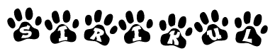 The image shows a series of animal paw prints arranged in a horizontal line. Each paw print contains a letter, and together they spell out the word Sirikul.