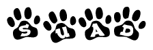 The image shows a row of animal paw prints, each containing a letter. The letters spell out the word Suad within the paw prints.
