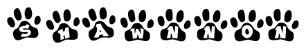 The image shows a series of animal paw prints arranged in a horizontal line. Each paw print contains a letter, and together they spell out the word Shawnnon.