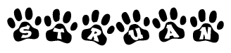 The image shows a series of animal paw prints arranged in a horizontal line. Each paw print contains a letter, and together they spell out the word Struan.