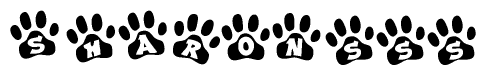 The image shows a series of animal paw prints arranged horizontally. Within each paw print, there's a letter; together they spell Sharonsss