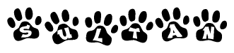 The image shows a series of animal paw prints arranged horizontally. Within each paw print, there's a letter; together they spell Sultan