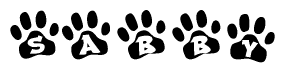 The image shows a series of animal paw prints arranged in a horizontal line. Each paw print contains a letter, and together they spell out the word Sabby.