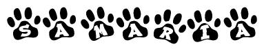 The image shows a series of animal paw prints arranged in a horizontal line. Each paw print contains a letter, and together they spell out the word Samaria.