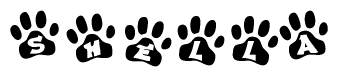 The image shows a series of animal paw prints arranged in a horizontal line. Each paw print contains a letter, and together they spell out the word Shella.