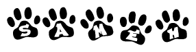 The image shows a series of animal paw prints arranged horizontally. Within each paw print, there's a letter; together they spell Sameh