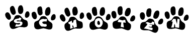 The image shows a series of animal paw prints arranged horizontally. Within each paw print, there's a letter; together they spell Schoten