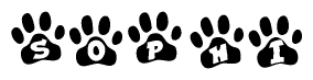The image shows a series of animal paw prints arranged horizontally. Within each paw print, there's a letter; together they spell Sophi