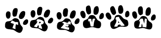 The image shows a row of animal paw prints, each containing a letter. The letters spell out the word Trevan within the paw prints.