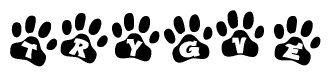 The image shows a series of animal paw prints arranged in a horizontal line. Each paw print contains a letter, and together they spell out the word Trygve.