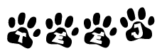 The image shows a series of animal paw prints arranged horizontally. Within each paw print, there's a letter; together they spell Teej