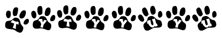 The image shows a row of animal paw prints, each containing a letter. The letters spell out the word Tytyyuyu within the paw prints.