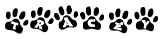 The image shows a series of animal paw prints arranged horizontally. Within each paw print, there's a letter; together they spell Tracey