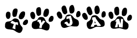 The image shows a series of animal paw prints arranged horizontally. Within each paw print, there's a letter; together they spell Tyjan