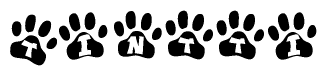 The image shows a row of animal paw prints, each containing a letter. The letters spell out the word Tintti within the paw prints.