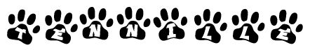 The image shows a row of animal paw prints, each containing a letter. The letters spell out the word Tennille within the paw prints.