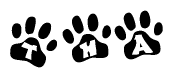 The image shows a series of animal paw prints arranged in a horizontal line. Each paw print contains a letter, and together they spell out the word Tha.