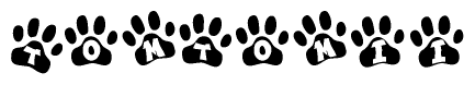 The image shows a series of animal paw prints arranged in a horizontal line. Each paw print contains a letter, and together they spell out the word Tomtomii.