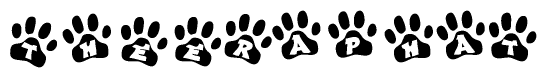 The image shows a row of animal paw prints, each containing a letter. The letters spell out the word Theeraphat within the paw prints.