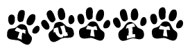 The image shows a series of animal paw prints arranged horizontally. Within each paw print, there's a letter; together they spell Tutit