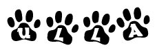 The image shows a series of animal paw prints arranged horizontally. Within each paw print, there's a letter; together they spell Ulla
