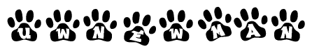 The image shows a series of animal paw prints arranged horizontally. Within each paw print, there's a letter; together they spell Uwnewman