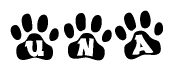 The image shows a series of animal paw prints arranged horizontally. Within each paw print, there's a letter; together they spell Una